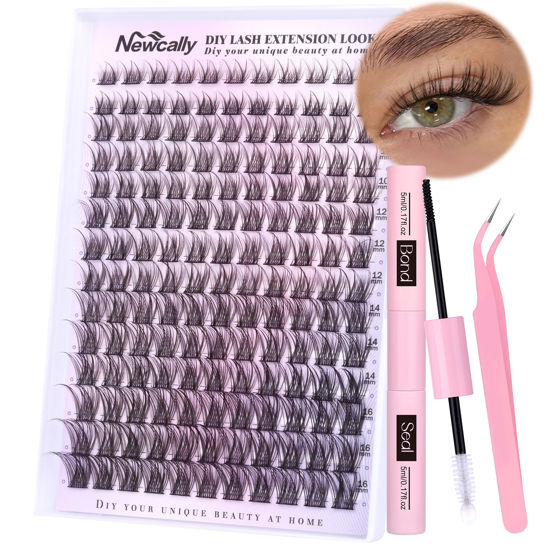 Picture of Natural Lash Clusters Kit DIY Lash Extension Kit Wispy Cluster Eyelash Extension 10-16MM C Curl Individual Lashes Kit Lash Bond and Seal by Newcally