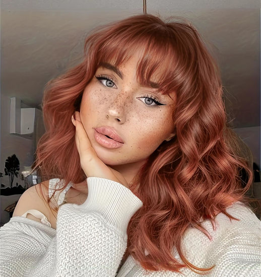 Picture of AISI HAIR Synthetic Wavy Curly Bob Wig with Bangs Ginger Orange Wig Short Bob Wavy Hair Wigs for Women Synthetic Heat Resistant Bob Wigs