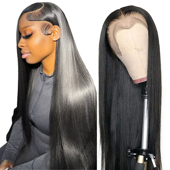 Picture of tobasew 13x6 Straight Lace Front Wigs Human Hair 200 Density HD Transparent Lace Frontal Human Hair Wigs for Women Glueless Wigs Human Hair Pre Plucked 28 Inch