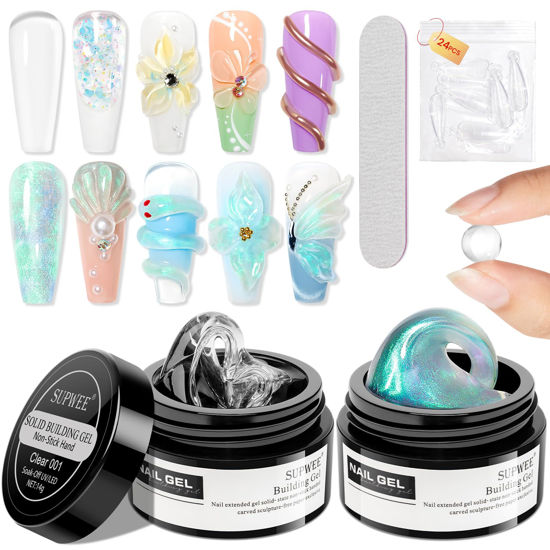 Picture of SUPWEE Solid Builder Gel for Nails Clear and Aurora Green 3D Nail Gel Art Non-Stick Hand Sculpture Hard Gel with Dual Form for 3D Modeling Nail Art Home Manicure DIY for Women