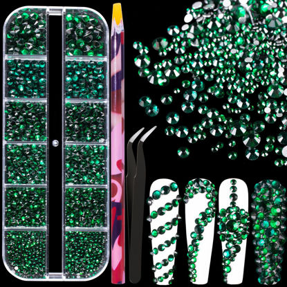 Picture of 6 Sizes Green Glass Crystal Kit with Pickup Pen + Tweezer Tools for Shine Nail Art Manicure Makeup DIY Decoration Flatback Round Swarovski Bead Rhinestone Gem Jewelry Diamond