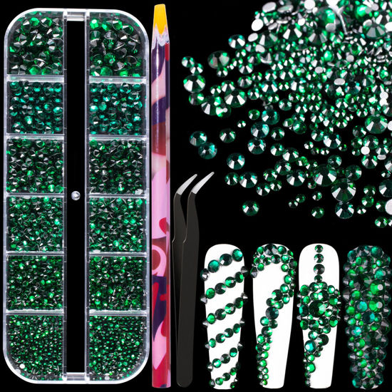 Picture of 6 Sizes Green Glass Crystal Kit with Pickup Pen + Tweezer Tools for Shine Nail Art Manicure Makeup DIY Decoration Flatback Round Swarovski Bead Rhinestone Gem Jewelry Diamond