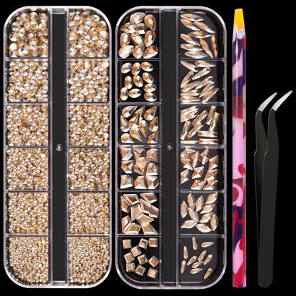 Picture of Multi Shapes Champagne 3D Glass Crystal Nail Art Rhinestones Kit with Flatback Round Bead Charm Gem Stone Jewelry Diamond with Pickup Pen + Tweezer for Manicure Makeup DIY Craft Decoration