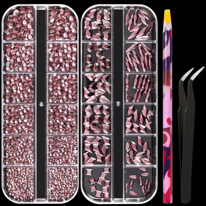 Picture of Multi Shapes Light Purple 3D Glass Crystal Nail Art Rhinestones Kit with Flatback Round Bead Charm Gem Stone Jewelry Diamond with Pickup Pen + Tweezer for Manicure Makeup DIY Craft Decoration