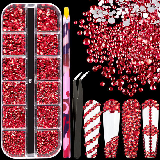 Picture of 6 Sizes Red Glass Crystal Kit with Pickup Pen + Tweezer Tools for Shine Nail Art Manicure Makeup DIY Decoration Flatback Round Swarovski Bead Rhinestone Gem Jewelry Diamond