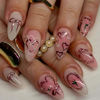 Picture of Pink Ombre Press on Nails Heart Fake Nails Short Almond False Nails with Pearl Design Bowknot Glue on Nails Glossy Acrylic Full Cover Flower Stick on Nails for Women Valentine's Day Manicure