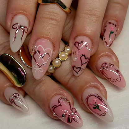 Picture of Pink Ombre Press on Nails Heart Fake Nails Short Almond False Nails with Pearl Design Bowknot Glue on Nails Glossy Acrylic Full Cover Flower Stick on Nails for Women Valentine's Day Manicure
