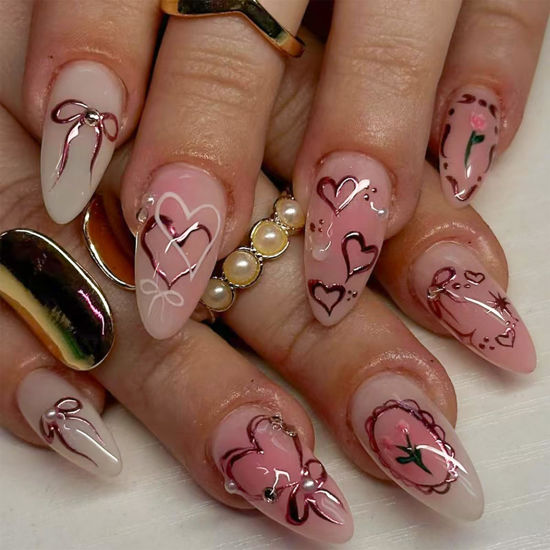 Picture of Pink Ombre Press on Nails Heart Fake Nails Short Almond False Nails with Pearl Design Bowknot Glue on Nails Glossy Acrylic Full Cover Flower Stick on Nails for Women Valentine's Day Manicure