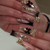 Picture of RUOKEXIN Long Press on Nails Black French Tip Fake Nails Square False Nails with Gold 3D Butterfly Designs Gold Glitter Glue on Nails Black Bow Artificial Nails Cute Stick on Nails for Women 24Pcs