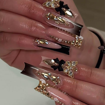 Picture of RUOKEXIN Long Press on Nails Black French Tip Fake Nails Square False Nails with Gold 3D Butterfly Designs Gold Glitter Glue on Nails Black Bow Artificial Nails Cute Stick on Nails for Women 24Pcs