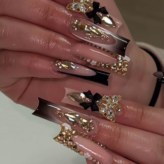 Picture of RUOKEXIN Long Press on Nails Black French Tip Fake Nails Square False Nails with Gold 3D Butterfly Designs Gold Glitter Glue on Nails Black Bow Artificial Nails Cute Stick on Nails for Women 24Pcs