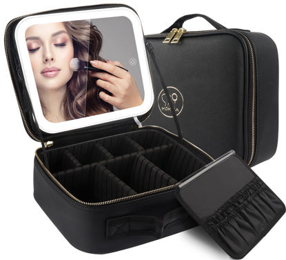 Picture of MOMIRA Makeup Bag with Mirror and Light Travel Makeup Train Case Cosmetic Organizer Portable Artist Storage Bag with Adjustable Dividers Makeup Brushes Storage Organizer Black