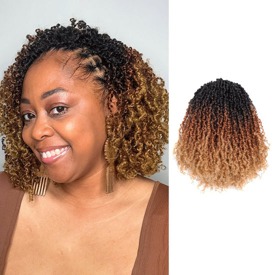 Picture of Toyotress Yanky Twist Crochet Hair - 8 Inch 8 Packs (30 Strands/Pcs) Pre-twisted Fluffy Spring Mini Twist Short Bob Passion Twist, 3 Tones Ombre Brown Crochet Braids Braiding Hair (8 Inch, OT30/27-8P)