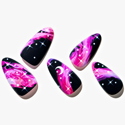 Picture of GLAMERMAID Black Press on Nails Medium Almond, Halloween Hot Pink Ombre Fake Nails Acrylic False Nail Kits Galaxy Star Design, Matte Stick Glue on Nails Sets, Oval Gel Nails Stiletto for Women