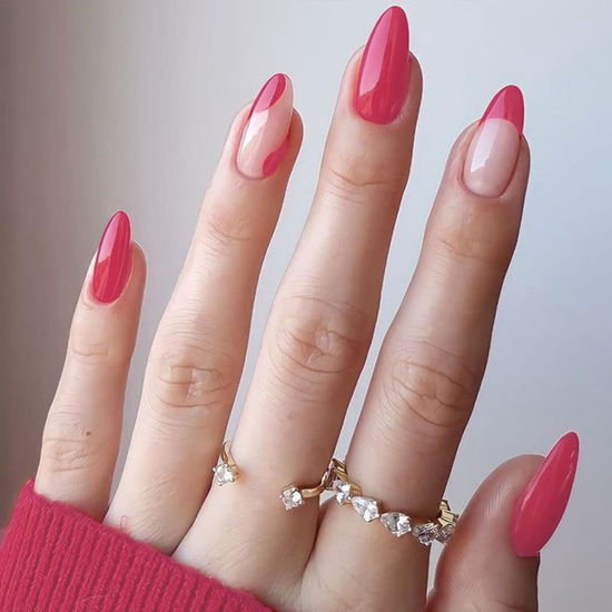 Picture of GLAMERMAID Hot Pink Press on Nails Medium Almond, Nude French Tip Fake Nails Stiletto, Shrimmer Short Oval Stick on Nails Gel, Glitter Gloss Acrylic False Nail Tip, Reusable Nail Kit for Women Gift