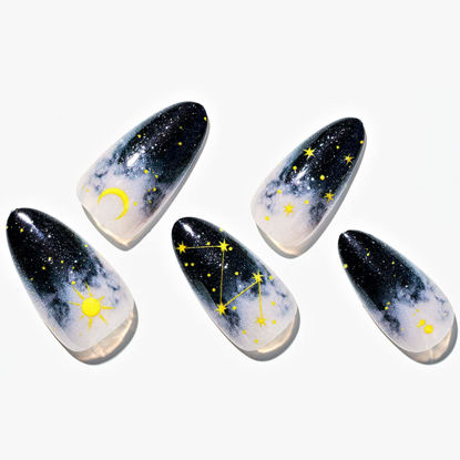 Picture of GLAMERMAID Press on Nails Medium Almond, Halloween Gothic Black Ombre French Tip Fake Nails, Stiletto Glue on Gel Nails with Star Constellation, Reusable Acrylic False Stick on Nails for Women