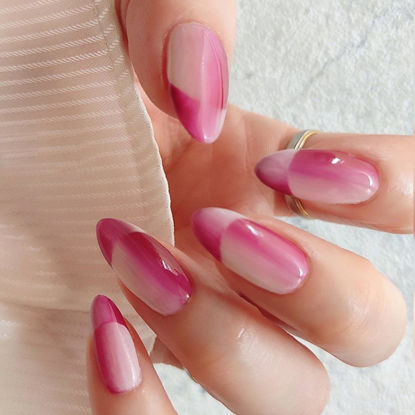 Picture of GLAMERMAID Hot Pink French Tip Press on Nails Short Almond, French Illusion Fake Nail Gel, Medium Almond Glue on Nails, Short Oval Stick on Nails Gel, Reusable Stiletto Acrylic False Nail with Design