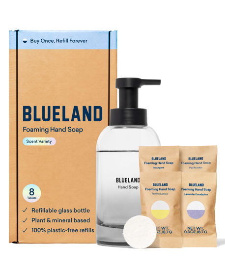 Picture of BLUELAND Hand Soap Starter Set Slate - 1 Refillable Glass Foaming Hand Soap Dispenser + 4 Tablets Refills | Iris Agave Scent | Eco Friendly Hand Soap | Makes 4 x 9 Fl oz bottles (36 Fl oz total)