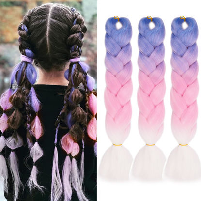 Picture of MAYSA Ombre Braiding Hair 3 Tone 24 Inch 3Packs Soft Synthetic Purple Pink Braids Hair Colorful Jumbo Braiding Hair Extensions For Women and Girls (Purple to Pink to White)