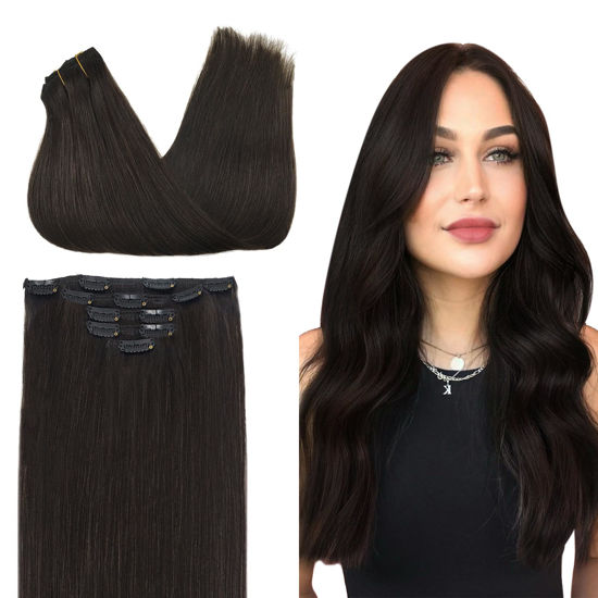 Picture of DOORES Hair Extensions Clip in Human Hair, 5pcs 80g 18 Inch Dark Brown Clip in Hair Extensions Remy Straight Natural Hair Extensions