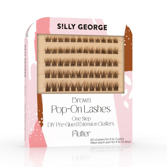 Picture of Silly George Pop-On Lashes - DIY 1-Step Pre-Glued Faux Eyelash Clusters, Natural Look Extensions, Brown - Flutter, 5-7 Pair Set, Pack of 60 Clusters