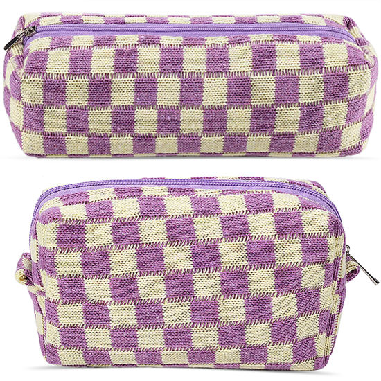 Picture of 2Pcs Checkered Makeup Bag for Women Girls Pencil Pouch Travel Small Cosmetic Bag Set Cute Makeup Pouch Purse Pencil Case Pencil Bag Zippered Toiletry Bag Organizer Preppy Trendy Storage Bag(Purple)