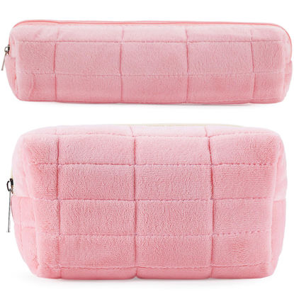 Picture of 2Pcs Makeup Bag for Women Girls Pencil Pouch Travel Small Cosmetic Bag Set Cute Plush Pink Makeup Pouch Purse Pencil Case Pencil Bag Zippered Toiletry Bag Organizer Trendy Makeup Brushes Storage Bag