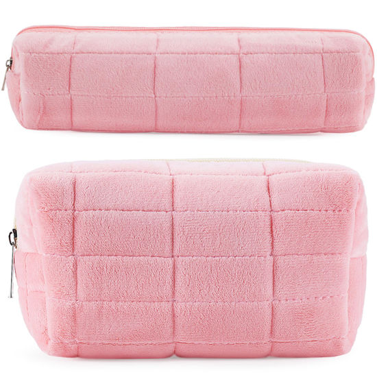 Picture of 2Pcs Makeup Bag for Women Girls Pencil Pouch Travel Small Cosmetic Bag Set Cute Plush Pink Makeup Pouch Purse Pencil Case Pencil Bag Zippered Toiletry Bag Organizer Trendy Makeup Brushes Storage Bag