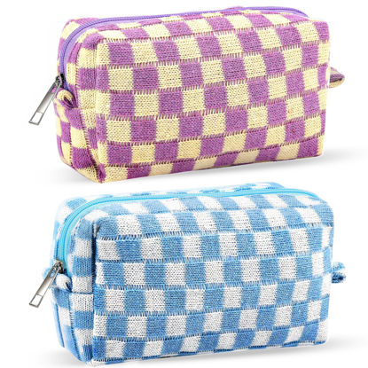 Picture of ZLFSRQ 2Pcs Checkered Makeup Bag for Women Travel Medium Small Cosmetic Bag Set Cute Blue Purple Makeup Pouch Purse Zippered Toiletry Bag Organizer Cute Y2K Trendy Aesthetic Makeup Brushes Storage Bag