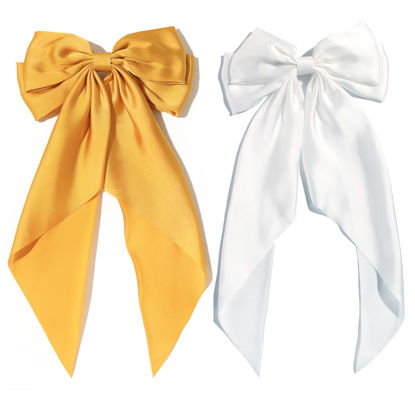 Picture of SUSULU Large Hair Bow Clips for Women Ginger Yellow Hair Bow White Hair Bow Slides for Girls Satin Hair Barrettes with Long Ribbon Tail,Wedding Birthday Women Hair Accessories Pack of 2