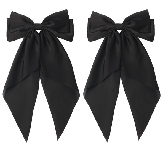 Picture of SUSULU Black Ribbon Bow Hair Clips with Long-Tail - Party Hairpins and Accessories for Women and Girls, 2pcs