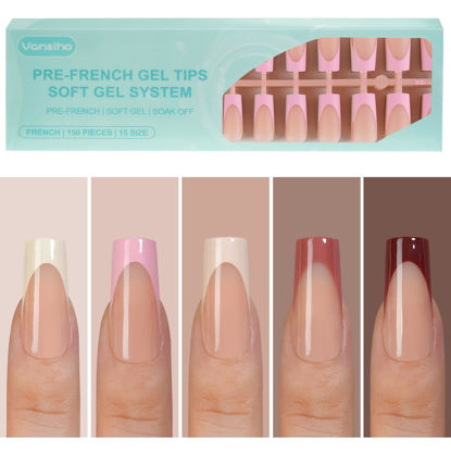 Picture of 150Pcs French Gel Nail Tips, Vansiho Long Square Nail Tips, Pre-French Tips Press on Nails, Fake Nails for Nail Art DIY 15 Sizes