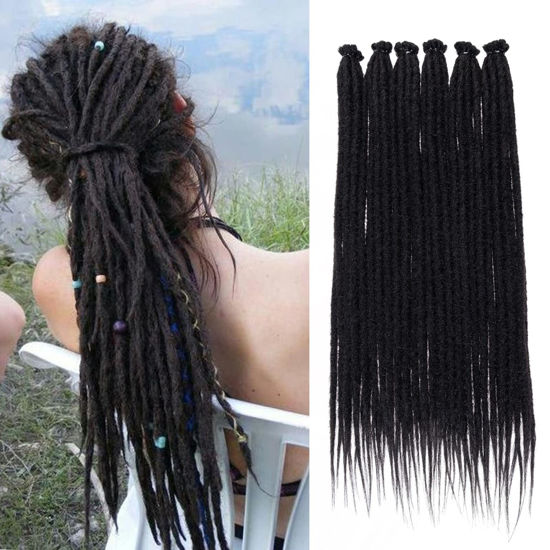 Picture of Leeven Black Synthetic Dreadlock Extensions 18 Inch 0.6 cm Width Thin SE Dreads 20 Strands Handmade Reggae Style Loc Extensions Hippie Crochet Hair for Women Men