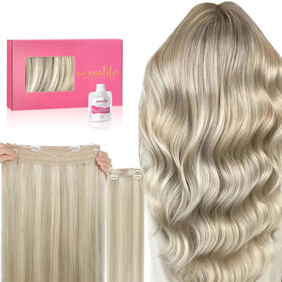 Picture of WENNALIFE Wire Hair Extensions (Increase 50% Lifespan) Real Human Hair 18 inch 125g Ash Blonde Highlighted Platinum Blonde Remy Real Hair Extensions Invisible Wire Hair Extensions Human Hair