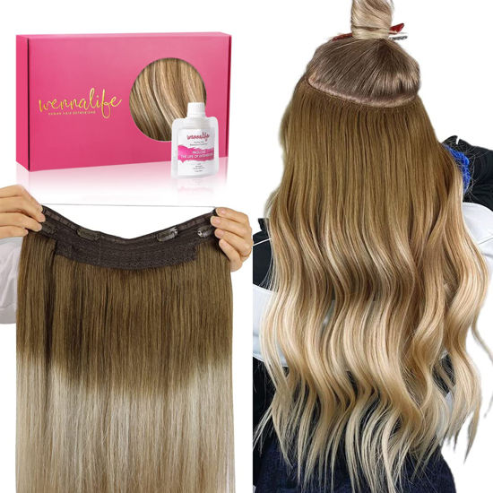 Picture of WENNALIFE Wire Hair Extensions (Increase 50% Lifespan) Real Human Hair 22 inch 120g Ombre Walnut Brown to Ash Brown Bleach Blonde Remy Wire Hair Extensions Invisible Straight Real Hair Extensions