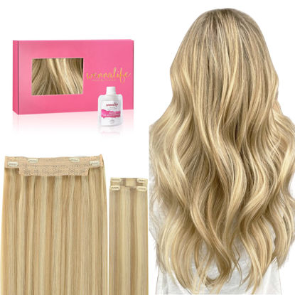 Picture of WENNALIFE Wire Hair Extensions (Increase 50% Lifespan) Real Human Hair 18 inch 125g Light Blonde Highlighted Golden Blonde Remy Real Hair Extensions Invisible Wire Hair Extensions Human Hair Fish Line