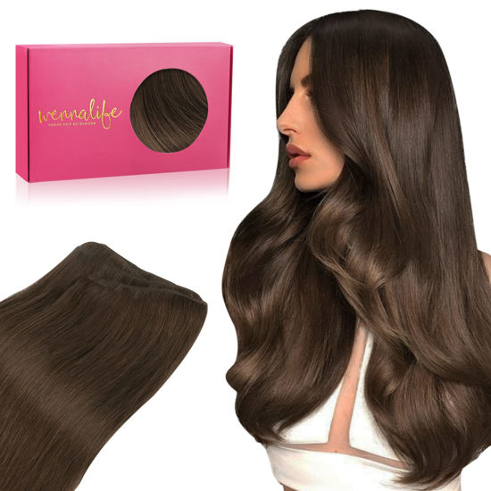 Picture of WENNALIFE Sew in Hair Extensions Real Human Hair, 20 Inch 100g Chocolate Brown Machine Weft Hair Extensions Human Hair Hand Tied Weft Hair Extensions Sew In