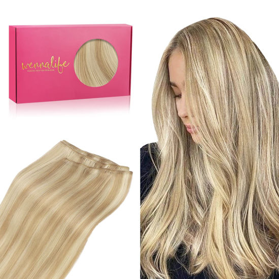 Picture of WENNALIFE Sew in Hair Extensions Real Human Hair, 18 Inch 90g Light Blonde Highlighted Golden Blonde Machine Weft Hair Extensions Human Hair Hand Tied Weft Hair Extensions Sew In