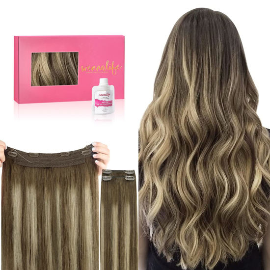 Picture of WENNALIFE Wire Hair Extensions(Increase 50% Lifespan)Real Human Hair 18 inch 125g Balayage Chocolate Brown to Honey Blonde Remy Real Hair Extensions Invisible Wire Hair Extensions Human Hair Fish Line