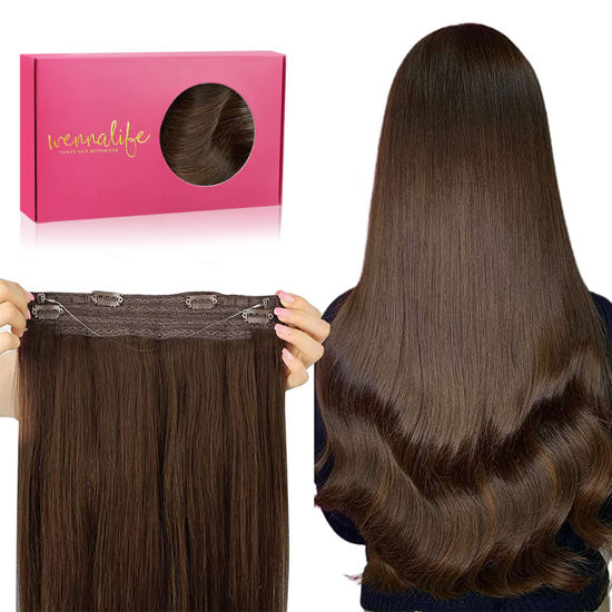 Picture of WENNALIFE Wire Hair Extensions (Increase 50% Lifespan) Real Human Hair 22 inch 120g Chocolate Brown Remy Wire Hair Extensions Invisible Transparent Fish Line Straight Real Hair Extensions