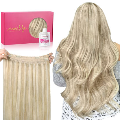 Picture of WENNALIFE Wire Hair Extensions (Increase 50% Lifespan) 18 inch 95g Dirty Blonde Highlighted Bleach Blonde Remy Hair Extensions Invisible Transparent Wire Hair Extensions Straight Real Hair Extensions