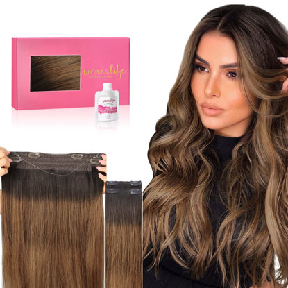 Picture of WENNALIFE Wire Hair Extensions (Increase 50% Lifespan) Real Human Hair 14 inch 105g Dark Brown to Chestnut Brown and Dirty Blonde Highlighted Real Hair Extensions Invisible Wire Hair Extensions