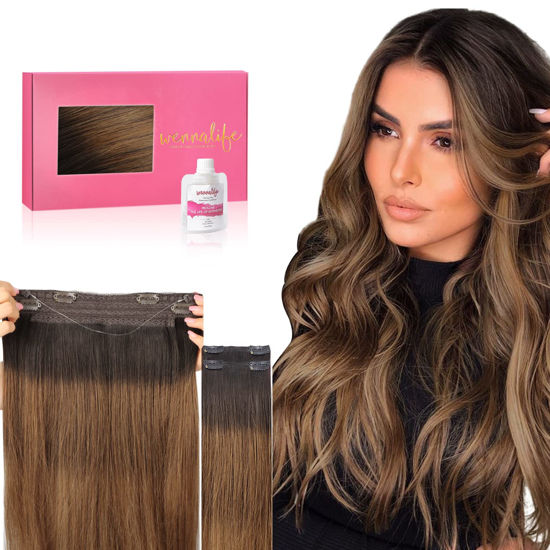 Picture of WENNALIFE Wire Hair Extensions (Increase 50% Lifespan) Real Human Hair 14 inch 105g Dark Brown to Chestnut Brown and Dirty Blonde Highlighted Real Hair Extensions Invisible Wire Hair Extensions