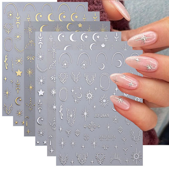 Picture of Metallic Moon Star Nail Art Stickers Decals Luxury Golden Silver Nail Stickers Sun Stars Moon Nail Art Design Nail Decals with Starlight Moon Charm Nail Adhesive Sliders for Women Manicure Decor 6PCS