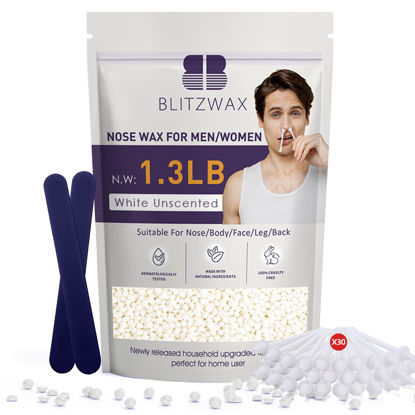 Picture of BLITZWAX Hair Removal Hard Wax Beads Unscented 1.3lb Waxing Beans Kit with 30pcs Nose Wax Sticks for Sensitive Skin, Face, Back, Body, Brazilian and Coarse Hair, Home Wax Pearls for Men Women(White)