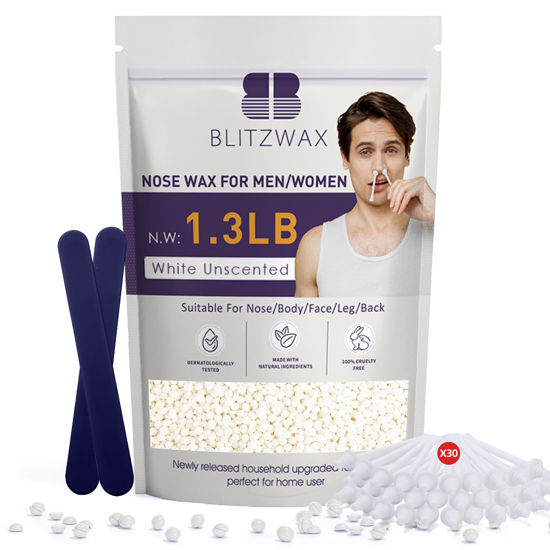 Picture of BLITZWAX Hair Removal Hard Wax Beads Unscented 1.3lb Waxing Beans Kit with 30pcs Nose Wax Sticks for Sensitive Skin, Face, Back, Body, Brazilian and Coarse Hair, Home Wax Pearls for Men Women(White)