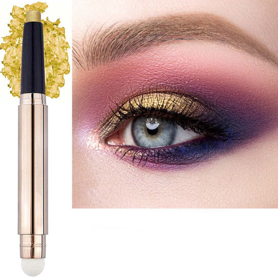Picture of SAUBZEAN Gold Eyeshadow Stick Makeup, Highlighter Matte Cream Eye Shadow Pencil, Waterproof Hypoallergenic Long Lasting Crayon, Glitter Primer Palette Shimmer Eyeliner Pen wiht Soft Brush