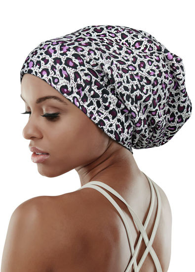 Picture of FocusCare Satin Cap for Black Women Frizzy Hair Beanie Curly Headwear Sleep Hats White with Black
