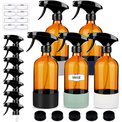 Picture of ZENOWICK 5 Pack/16 Oz Glass Spray Bottles, Refillable Empty Containers with Silicone Sleeve, Upgraded Adjustable Nozzle Spray Bottle Sets for Cleaning, Essential Oils, Hair (Amber)