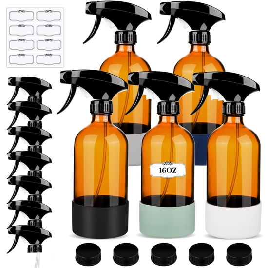 Picture of ZENOWICK 5 Pack/16 Oz Glass Spray Bottles, Refillable Empty Containers with Silicone Sleeve, Upgraded Adjustable Nozzle Spray Bottle Sets for Cleaning, Essential Oils, Hair (Amber)
